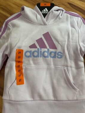 adidas Kids Lavender Hoodie and Pant set with Mauve Logo and Light Blue Wordmark